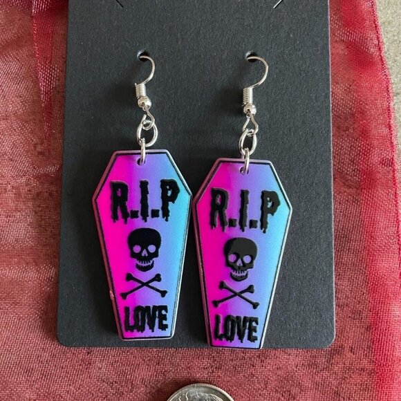 5/$20 Pink Coffin R.I.P. Skull Crossbones Earrings - Picture 2 of 3